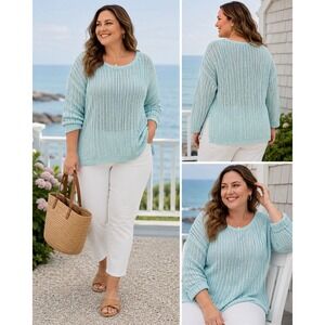 Talbots Marled Cotton‎ Open Knit Sweater Plus 2X Blue White 3/4 Sleeve Pullover